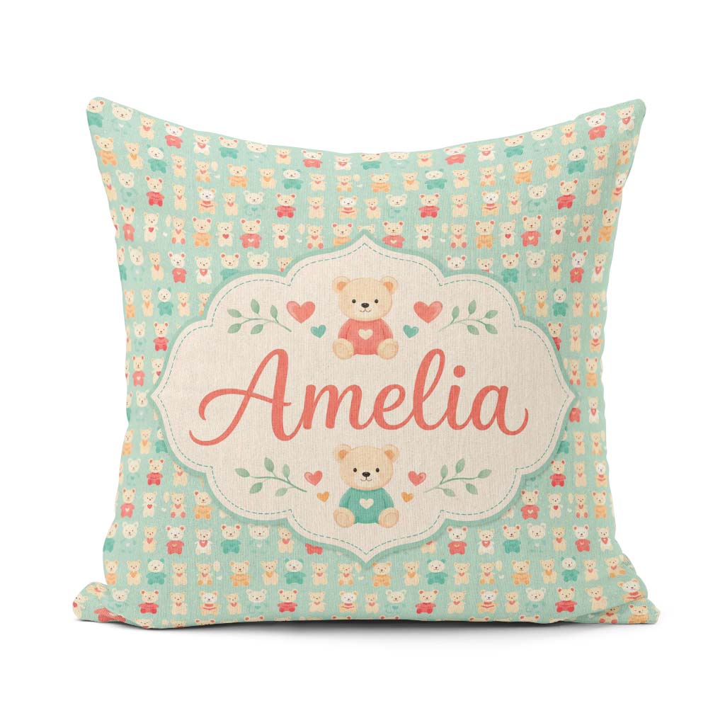 Custom Name Small Teddy Bears on Green Background Seamless Name Square Filled Cushion Throw Pillow Sofa Bed Home Decor Zip Washable UK Made