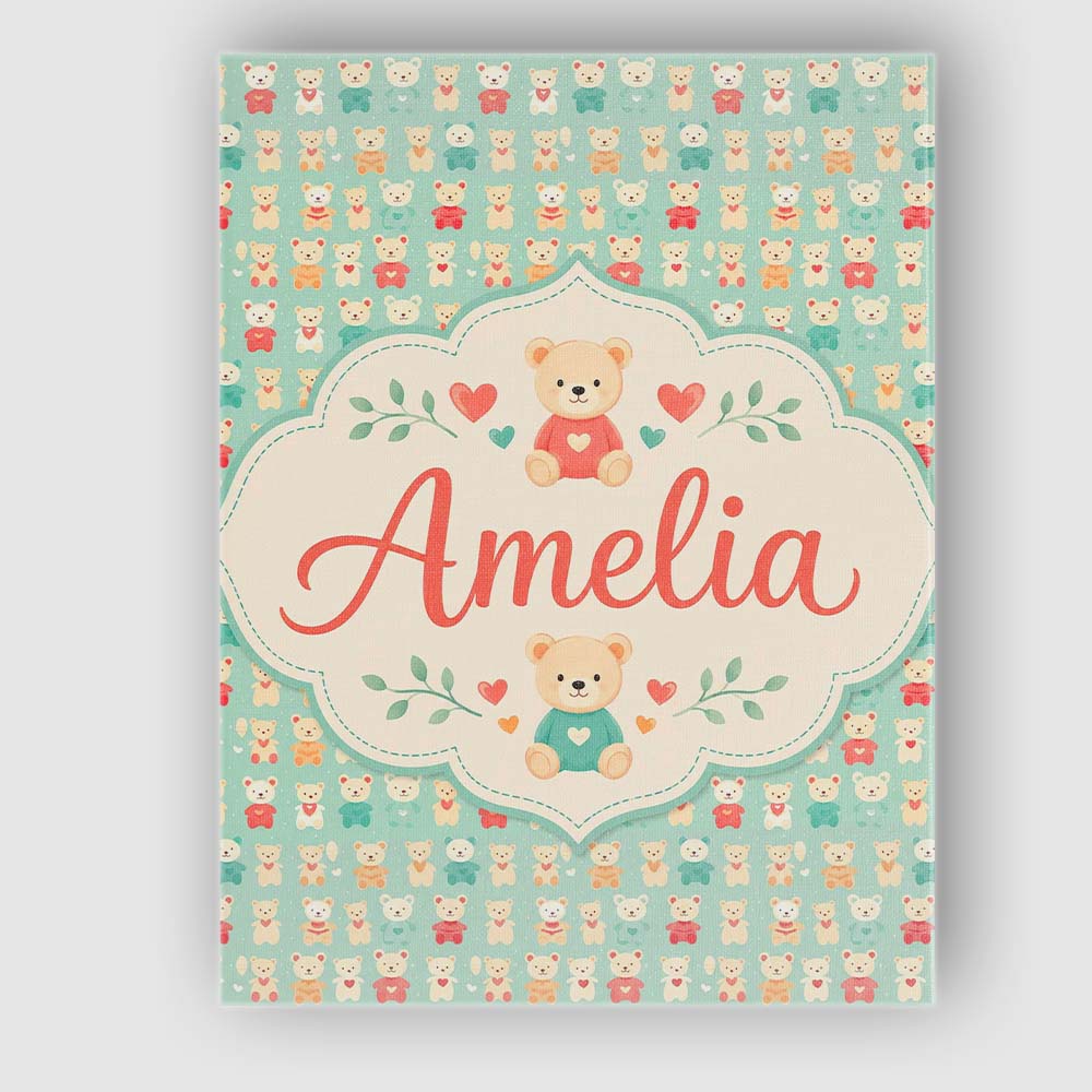Personalised Name Small Cute Teddy Bears on Custom Bespoke Interior Contemporary Canvas Wall Art Print Decor Picture Ready to Hang