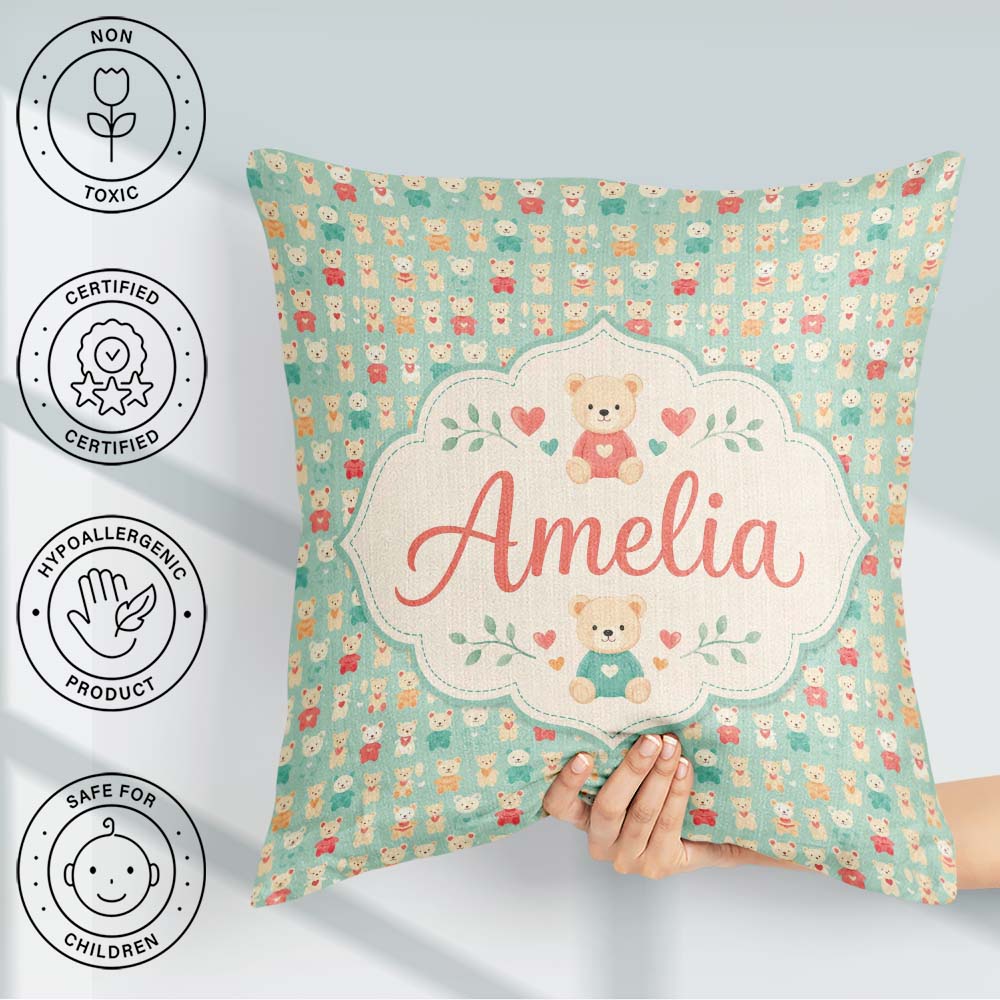 Custom Name Small Teddy Bears on Green Background Seamless Name Square Filled Cushion Throw Pillow Sofa Bed Home Decor Zip Washable UK Made