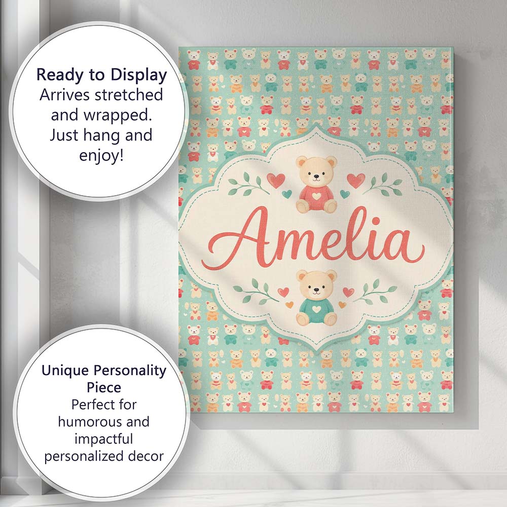 Personalised Name Small Cute Teddy Bears on Custom Bespoke Interior Contemporary Canvas Wall Art Print Decor Picture Ready to Hang