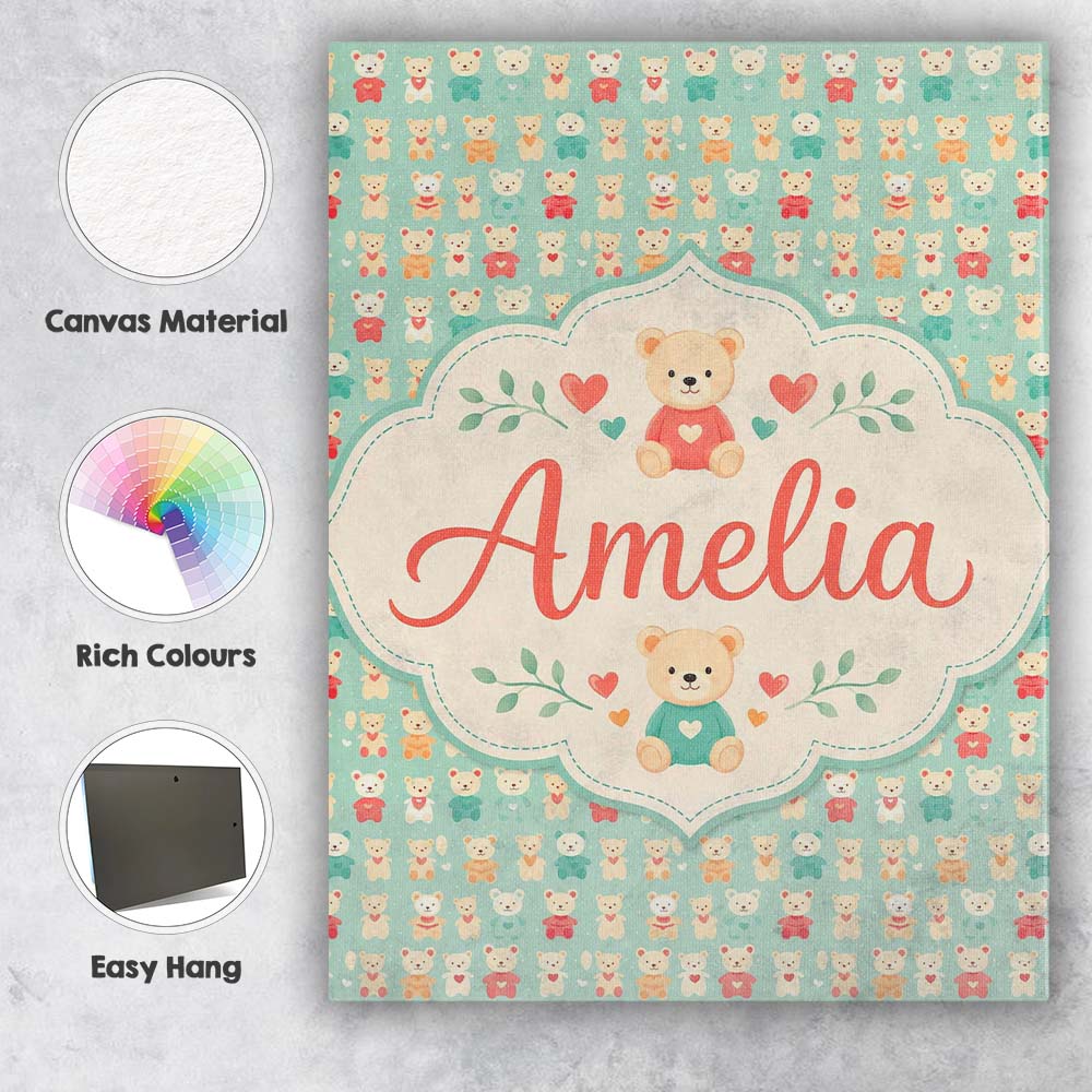 Personalised Name Small Cute Teddy Bears on Custom Bespoke Interior Contemporary Canvas Wall Art Print Decor Picture Ready to Hang