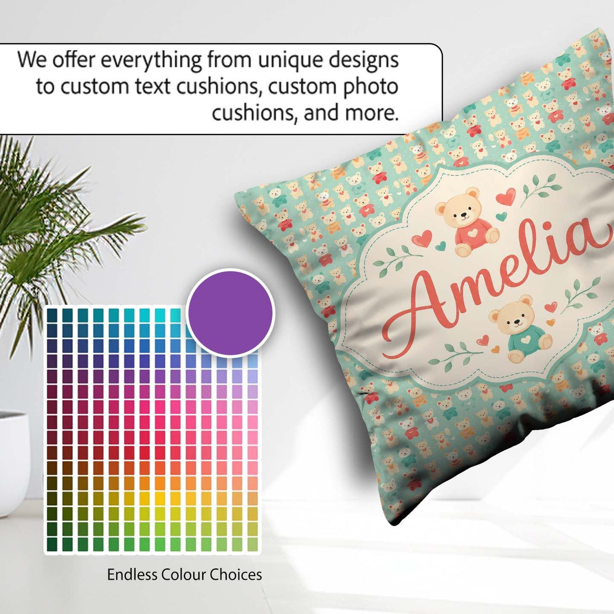 Custom Name Small Teddy Bears on Green Background Seamless Name Square Filled Cushion Throw Pillow Sofa Bed Home Decor Zip Washable UK Made