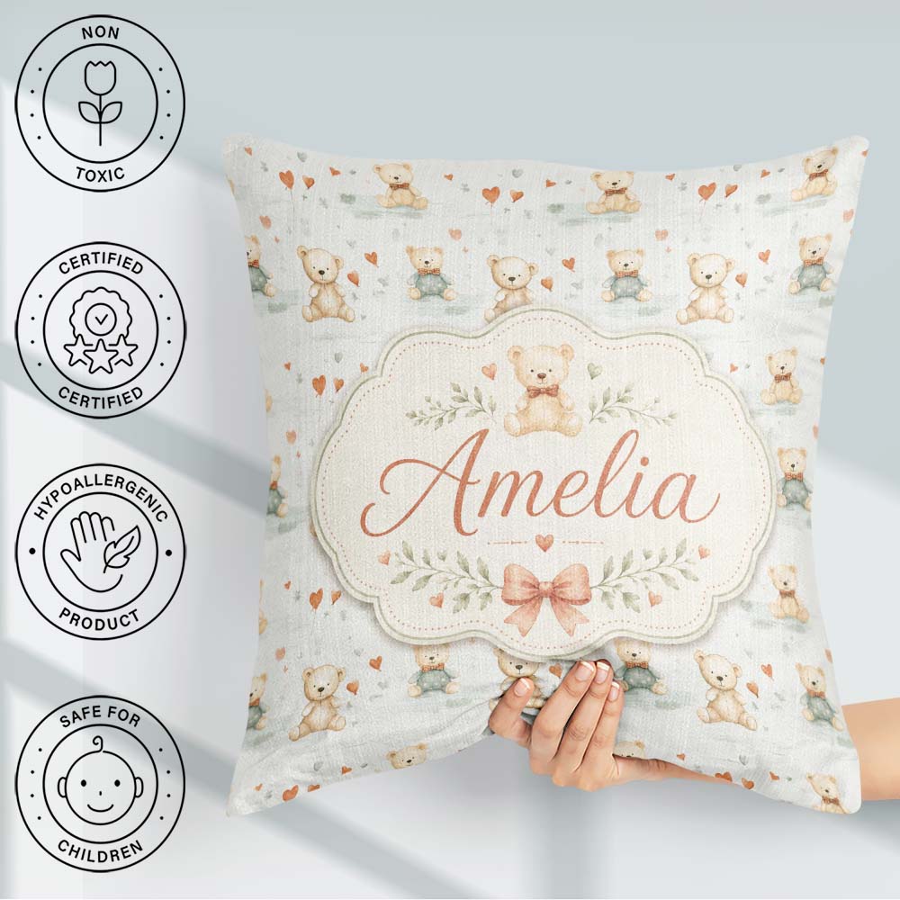 Custom Name Teddy Bears with Hearts and Soft Background Seamless Square Filled Cushion Throw Pillow Sofa Bed Home Decor Zip Washable UK Made