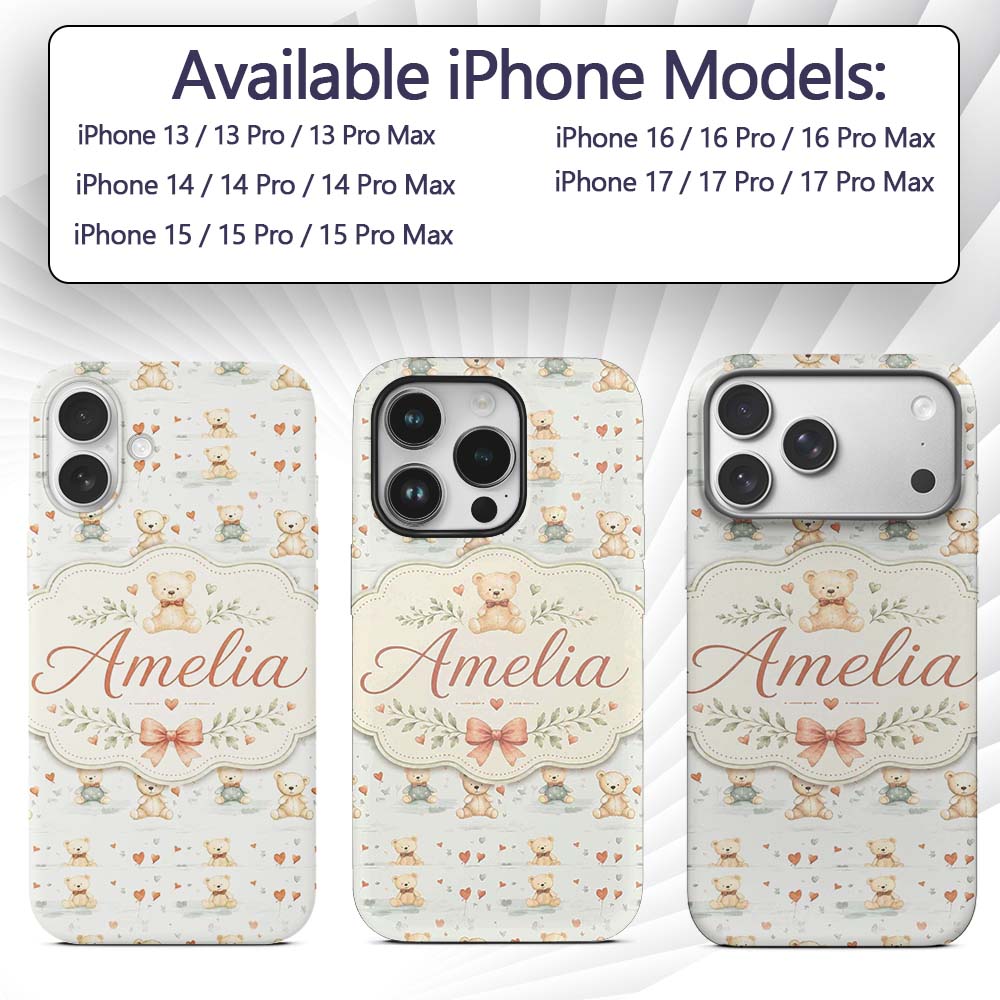 Cute Teddy Bears with Hearts and Soft Pastel Custom Name Protective Phone Case Mobile Cover Durable Everyday Smartphone Shock Resistant