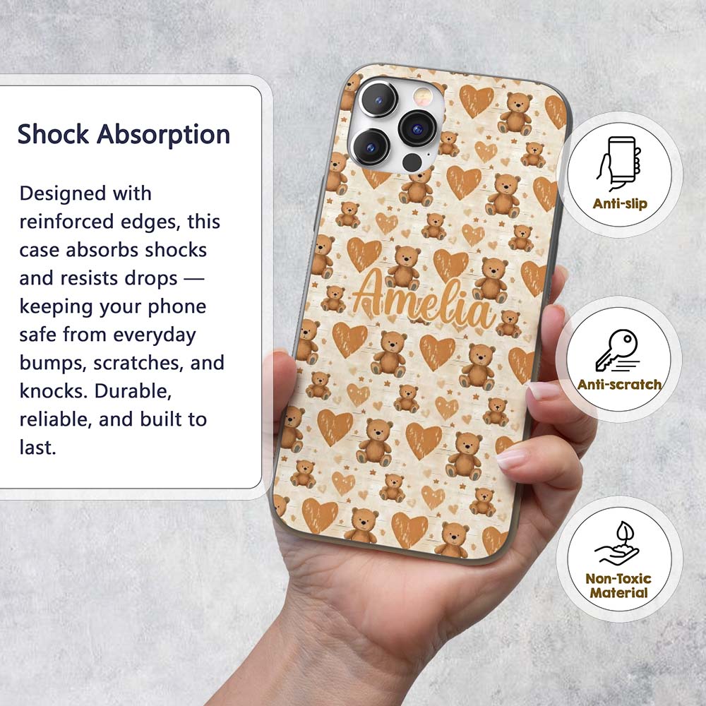 Brown Teddy Bears with Large Hearts Cute Seamless Custom Name Protective Phone Case Mobile Cover Durable Everyday Smartphone Shock Resistant