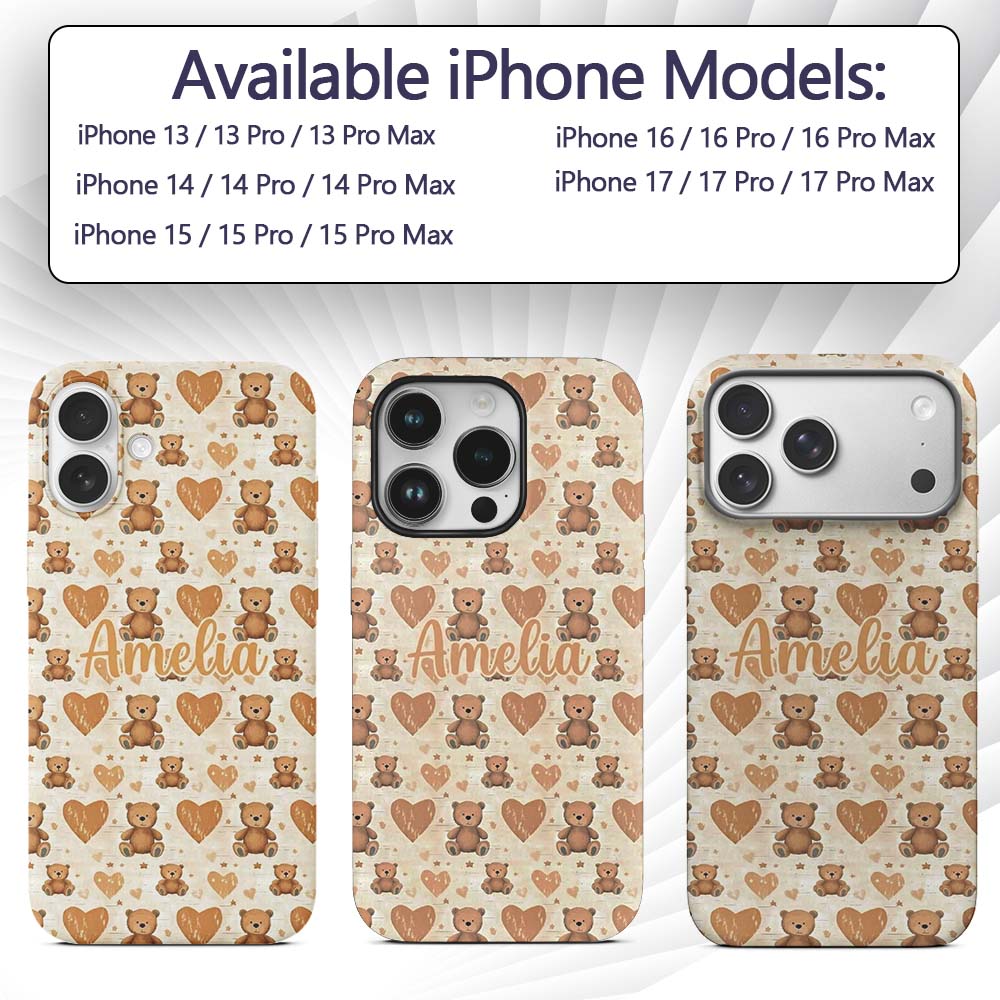 Brown Teddy Bears with Large Hearts Cute Seamless Custom Name Protective Phone Case Mobile Cover Durable Everyday Smartphone Shock Resistant