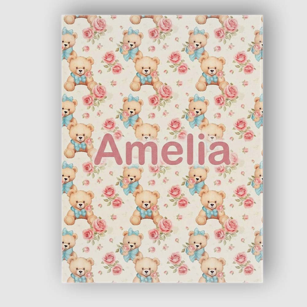 Personalised Name Teddy Bears with Blue Custom Modern Room Accent Elegant Feature Canvas Wall Art Print Decor Picture Ready to Hang