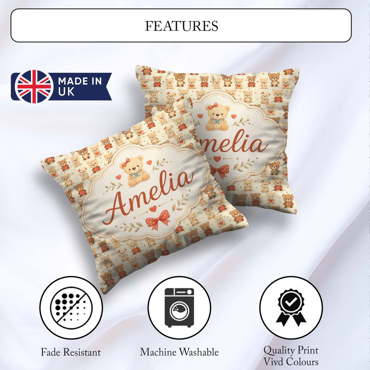 Custom Name Adorable Teddy Bears with Hearts on Cream Background Square Filled Cushion Throw Pillow Sofa Bed Home Decor Zip Washable UK Made