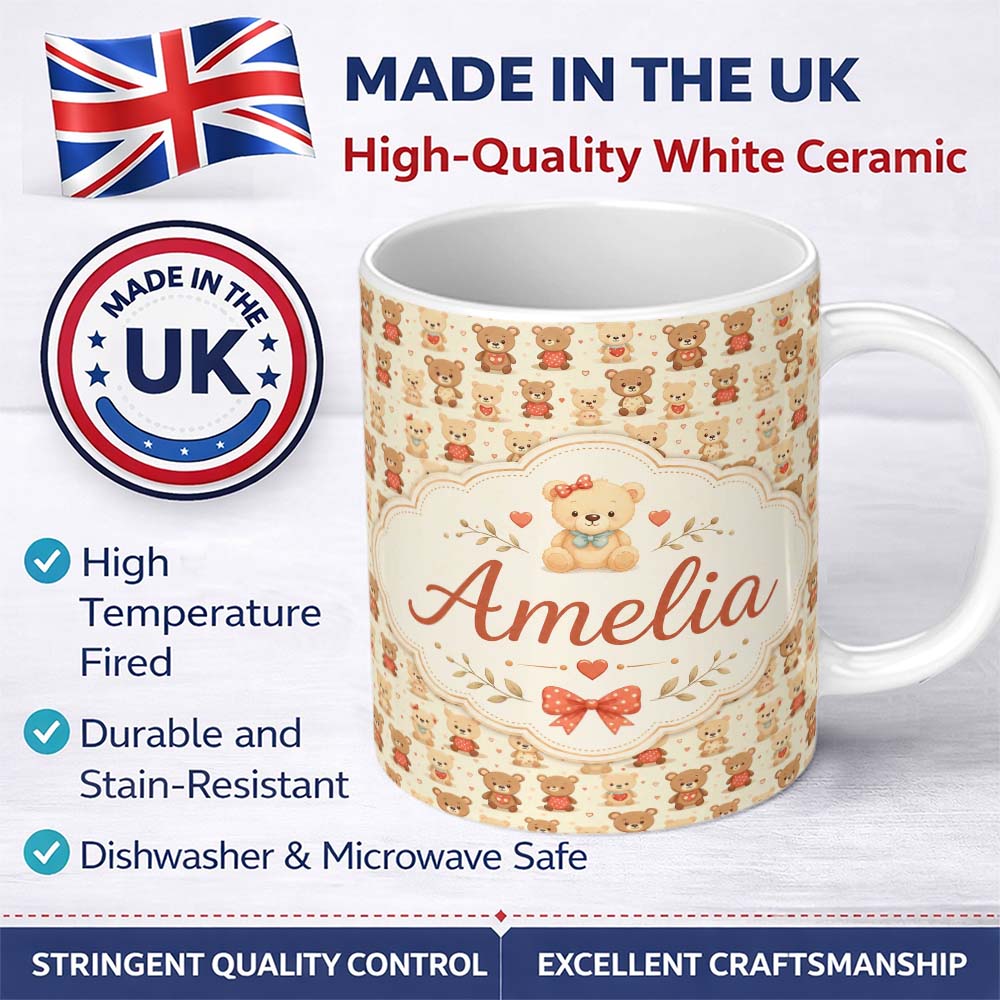 Personalized Custom Name Adorable Teddy Bears with Hearts on Cream Background Seamless 11oz Ceramic Coffee Tea Mug White Large Handle