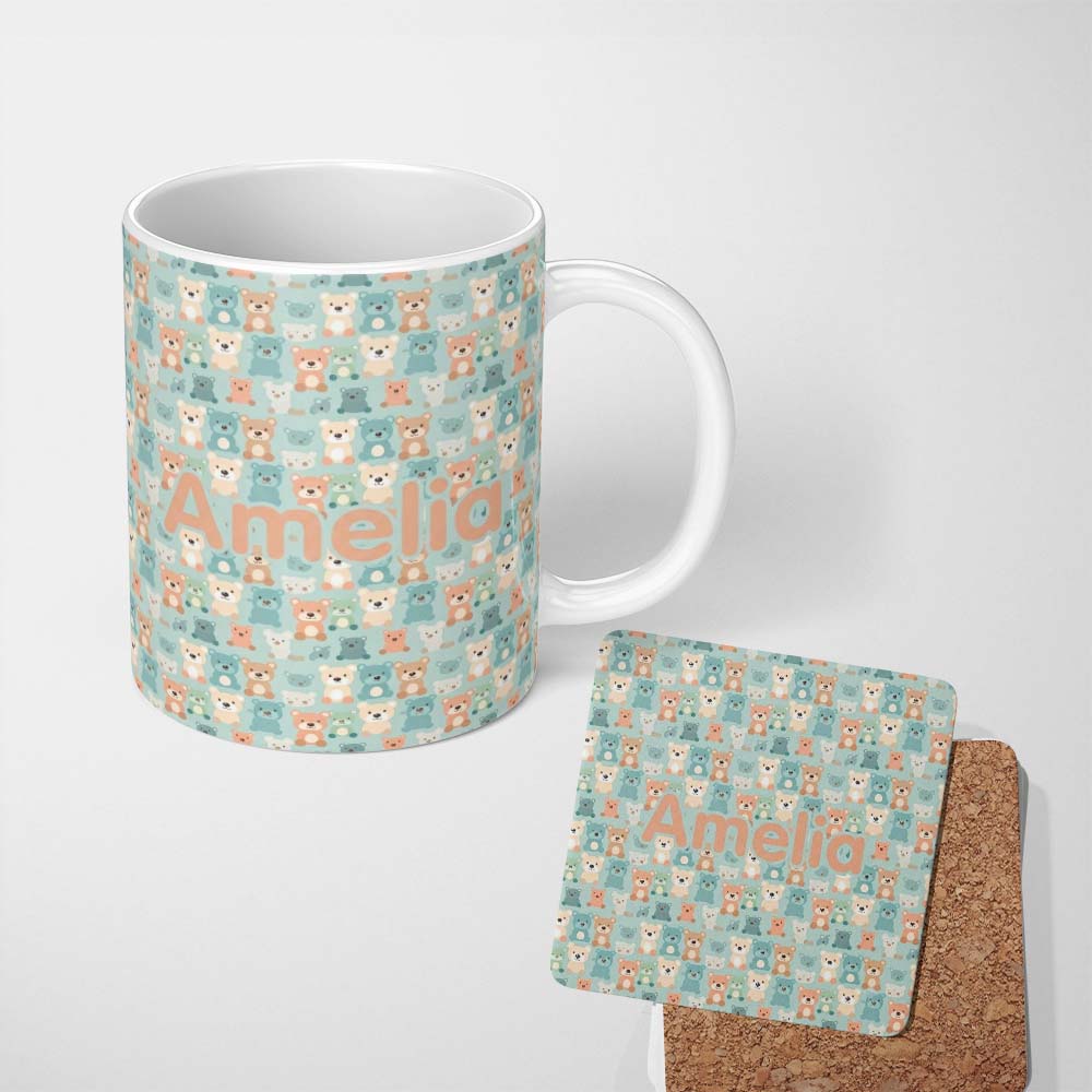 Personalized Custom Name Pastel Teddy Bears Repeating Cute Characters Seamless Pattern Name 11oz Ceramic Coffee Tea Mug White Large Handle