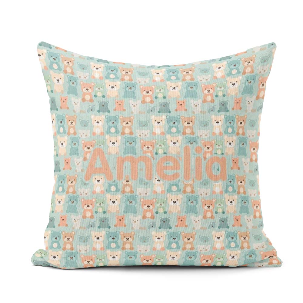 Custom Name Pastel Teddy Bears Repeating Characters Pattern Name Square Filled Cushion Throw Pillow Sofa Bed Home Decor Zip Washable UK Made