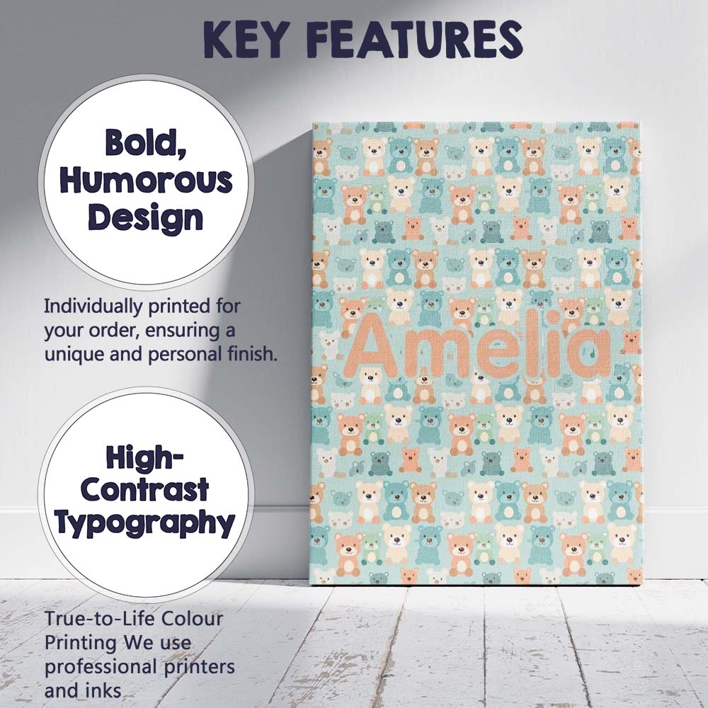 Personalised Name Pastel Teddy Bears Custom Premium Decorative Design Modern Room Accent Canvas Wall Art Print Decor Picture Ready to Hang