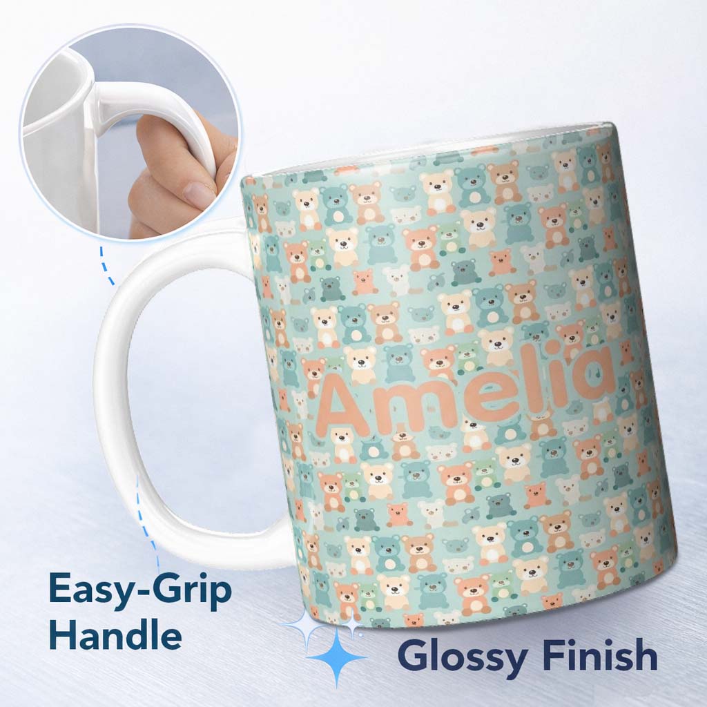 Personalized Custom Name Pastel Teddy Bears Repeating Cute Characters Seamless Pattern Name 11oz Ceramic Coffee Tea Mug White Large Handle