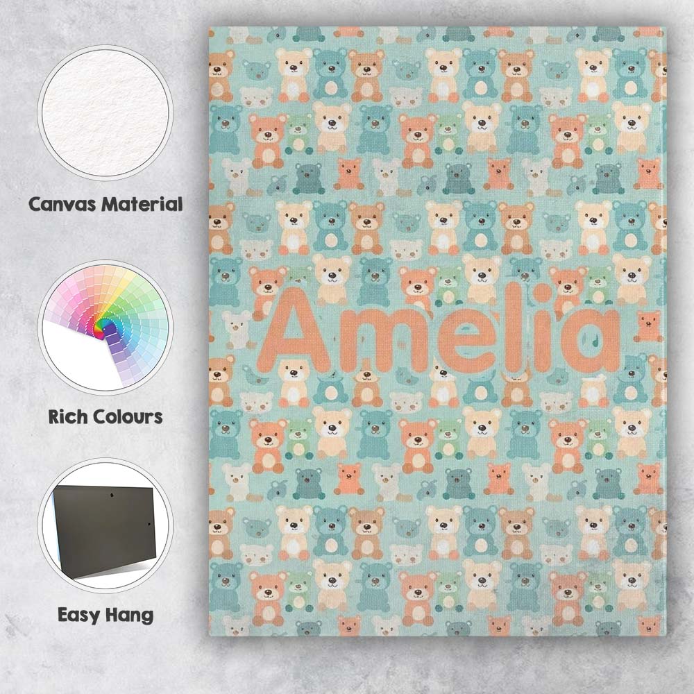 Personalised Name Pastel Teddy Bears Custom Premium Decorative Design Modern Room Accent Canvas Wall Art Print Decor Picture Ready to Hang