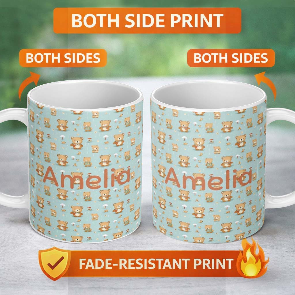 Personalized Custom Name Teddy Bears with Umbrellas and Small Elements Seamless Pattern Name 11oz Ceramic Coffee Tea Mug White Large Handle