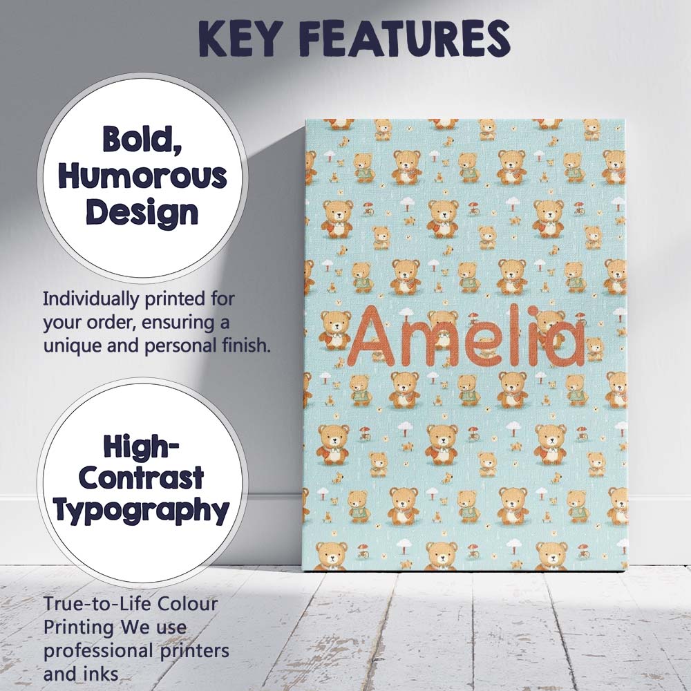 Personalised Name Teddy Bears with Umbrellas Custom Bespoke Contemporary Display Canvas Wall Art Print Decor Picture Ready to Hang