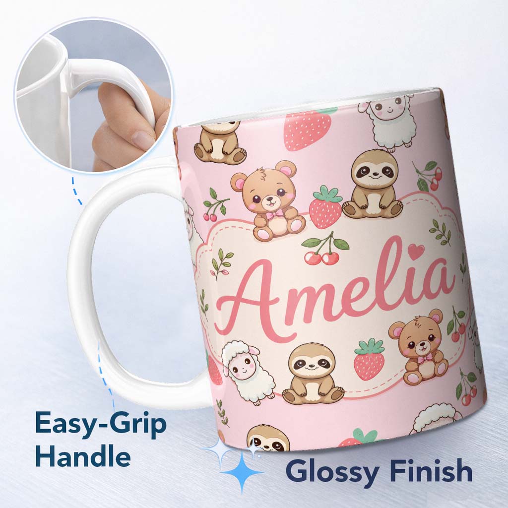 Personalized Custom Name Cute Cute Baby Animals Bear Sheep Sloth Strawberry Cherry Pink 11oz Ceramic Coffee Tea Mug White Large Handle