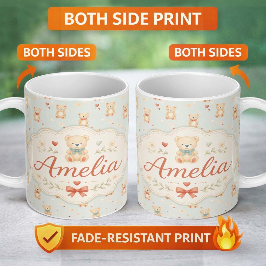 Personalized Custom Name Cute Teddy Bears with Hearts on Soft Blue Background Seamless 11oz Ceramic Coffee Tea Mug White Large Handle