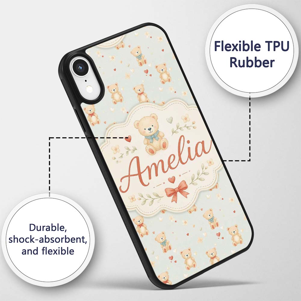 Cute Teddy Bears with Hearts on Printed Design Custom Name Protective Phone Case Mobile Cover Durable Everyday Smartphone Shock Resistant