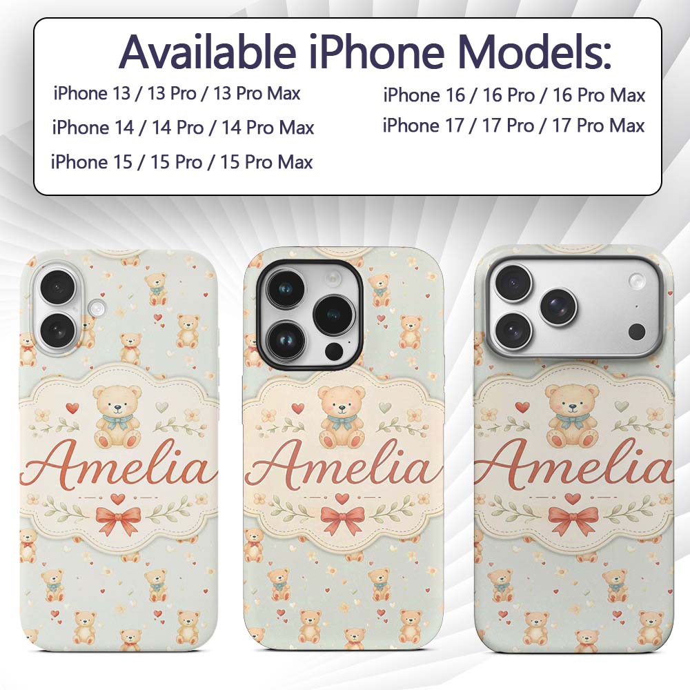 Cute Teddy Bears with Hearts on Printed Design Custom Name Protective Phone Case Mobile Cover Durable Everyday Smartphone Shock Resistant