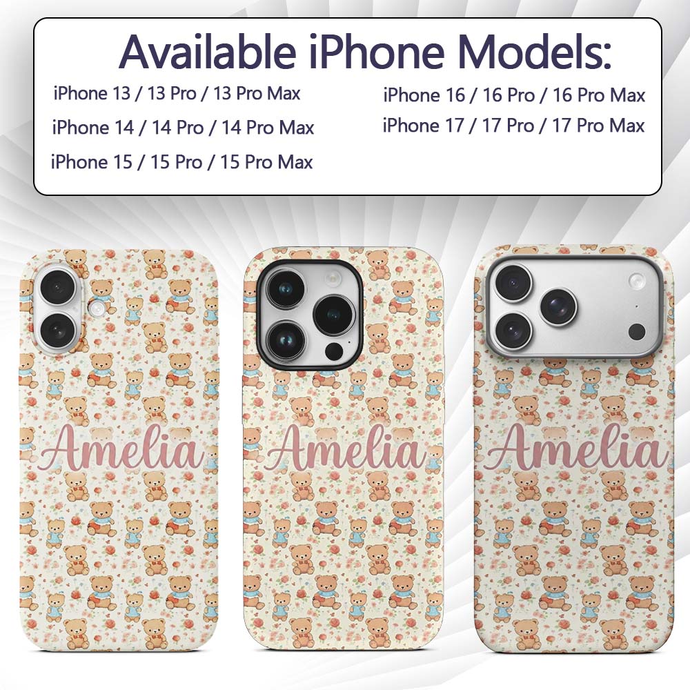 Cute Teddy Bears with Roses and Vintage Floral Custom Name Protective Phone Case Mobile Cover Durable Everyday Smartphone Shock Resistant