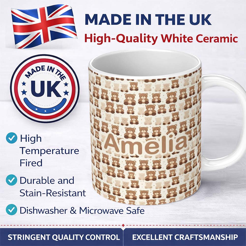 Personalized Custom Name Brown Teddy Bears Repeat Pattern with Neutral Tones Seamless Name 11oz Ceramic Coffee Tea Mug White Large Handle