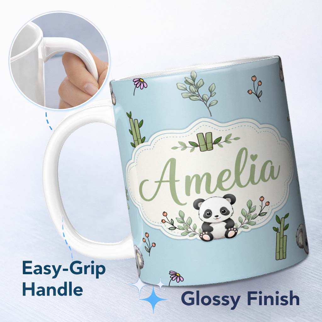 Personalized Custom Name Cute Panda Bamboo and Floral Minimal Seamless Pattern on Blue Lovely 11oz Ceramic Coffee Tea Mug White Large Handle