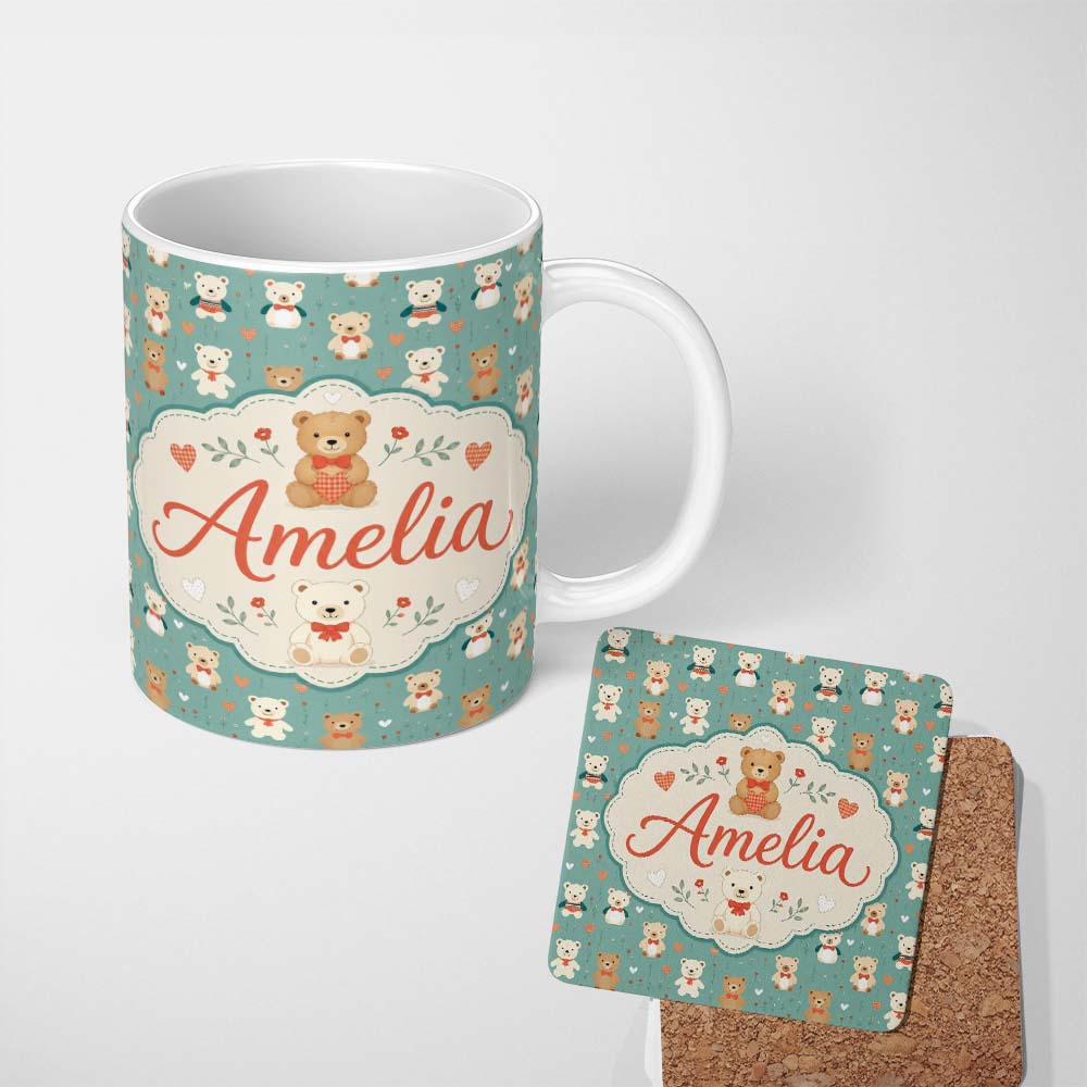 Personalized Custom Name Cute Teddy Bears with Bows and Hearts on Teal Background Seamless 11oz Ceramic Coffee Tea Mug White Large Handle