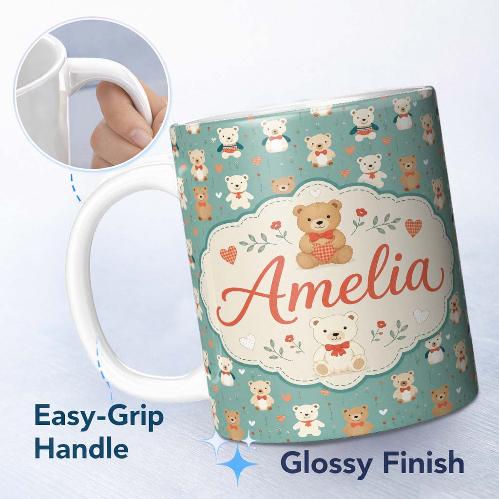 Personalized Custom Name Cute Teddy Bears with Bows and Hearts on Teal Background Seamless 11oz Ceramic Coffee Tea Mug White Large Handle