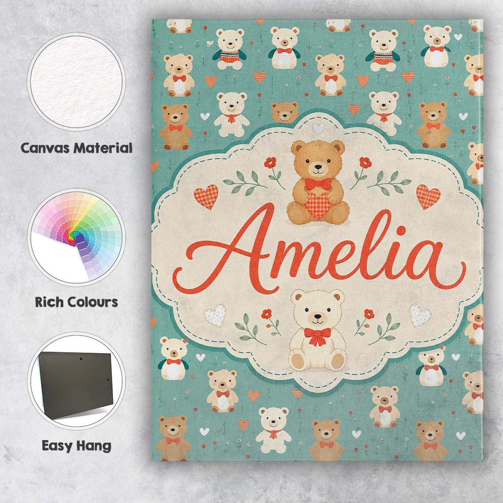 Personalised Name Cute Teddy Bears with Custom Modern Room Accent Elegant Feature Canvas Wall Art Print Decor Picture Ready to Hang