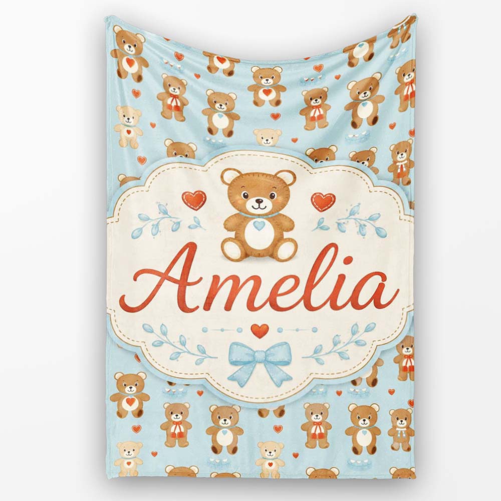 Adorable Teddy Bears with Heart Motifs on Blue Background Seamless Personalised Custom Name Super Soft Fleece Blanket Bed Sofa Throw