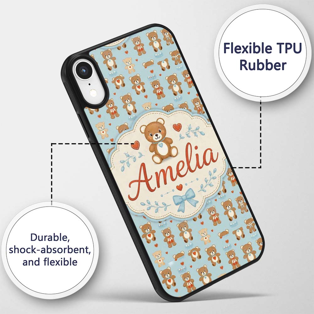 Adorable Teddy Bears with Heart Motifs on Blue Custom Name Protective Phone Case Mobile Cover Durable Everyday Smartphone Shock Resistant