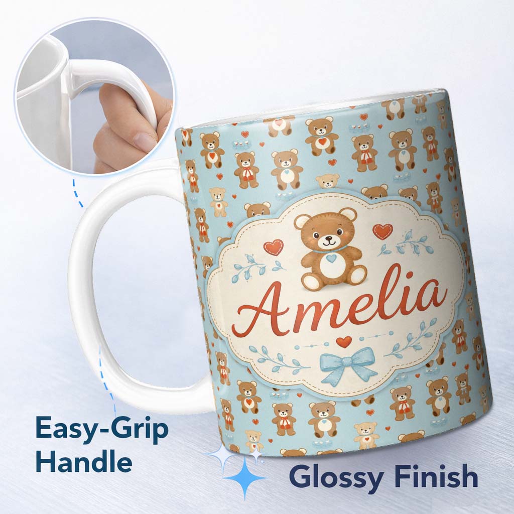 Personalized Custom Name Adorable Teddy Bears with Heart Motifs on Blue Background Seamless 11oz Ceramic Coffee Tea Mug White Large Handle