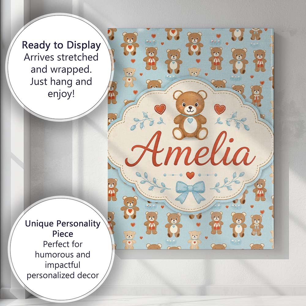 Personalised Name Adorable Teddy Bears with Custom Bespoke Interior Contemporary Canvas Wall Art Print Decor Picture Ready to Hang