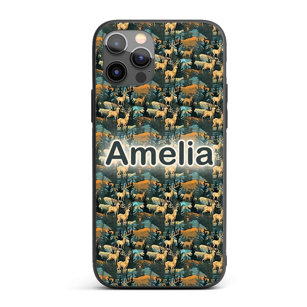 Vintage Forest Deer with Trees and Nature Scene Custom Name Protective Phone Case Mobile Cover Durable Everyday Smartphone Shock Resistant