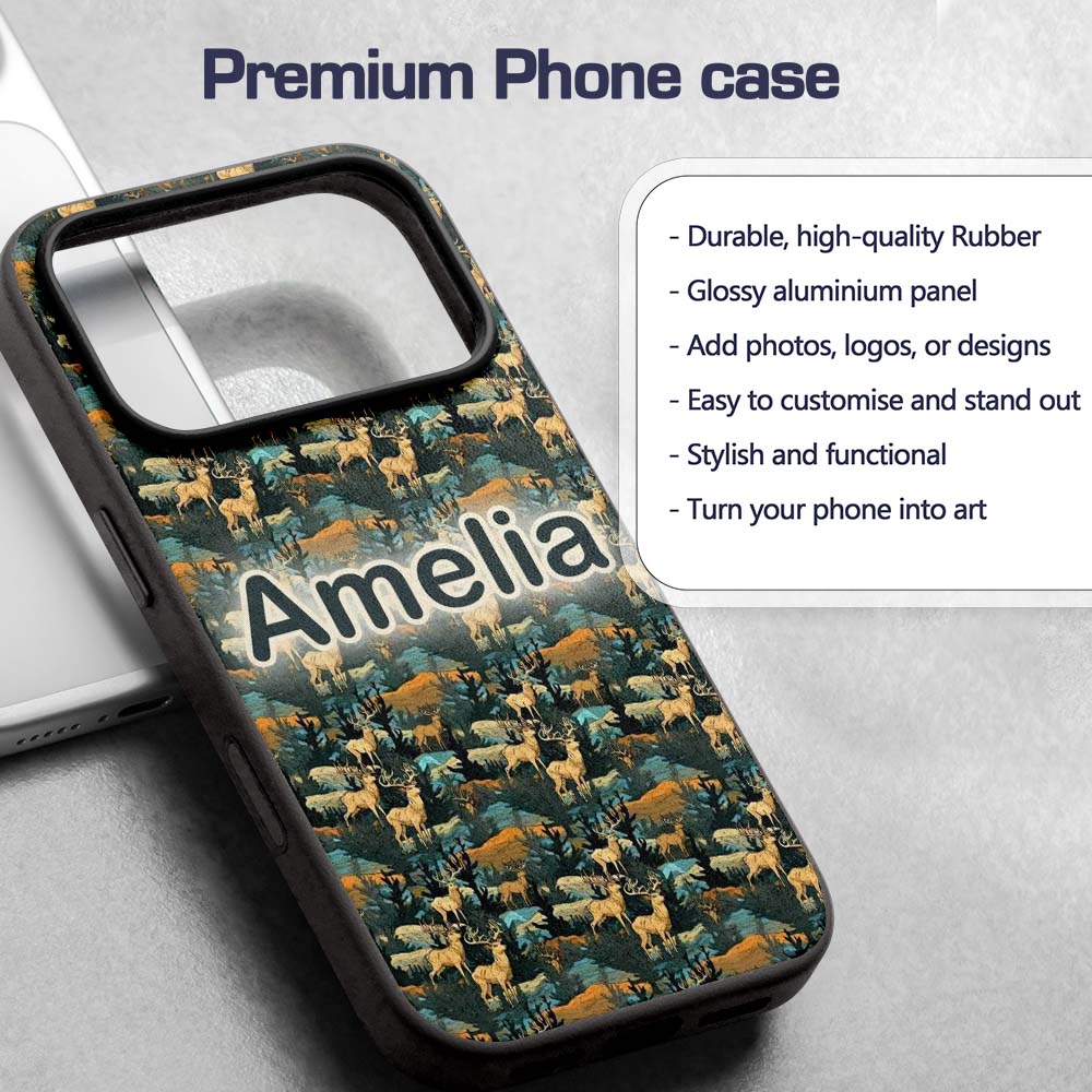 Vintage Forest Deer with Trees and Nature Scene Custom Name Protective Phone Case Mobile Cover Durable Everyday Smartphone Shock Resistant