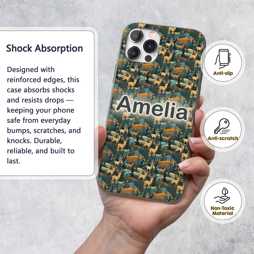 Vintage Forest Deer with Trees and Nature Scene Custom Name Protective Phone Case Mobile Cover Durable Everyday Smartphone Shock Resistant