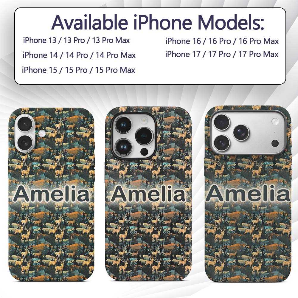 Vintage Forest Deer with Trees and Nature Scene Custom Name Protective Phone Case Mobile Cover Durable Everyday Smartphone Shock Resistant