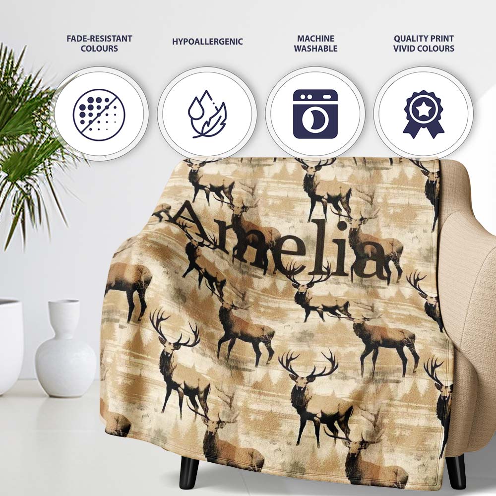 Classic Stag Deer Silhouettes on Beige Background Seamless Pattern Personalised Custom Name Super Soft Fleece Blanket Bed Sofa Throw