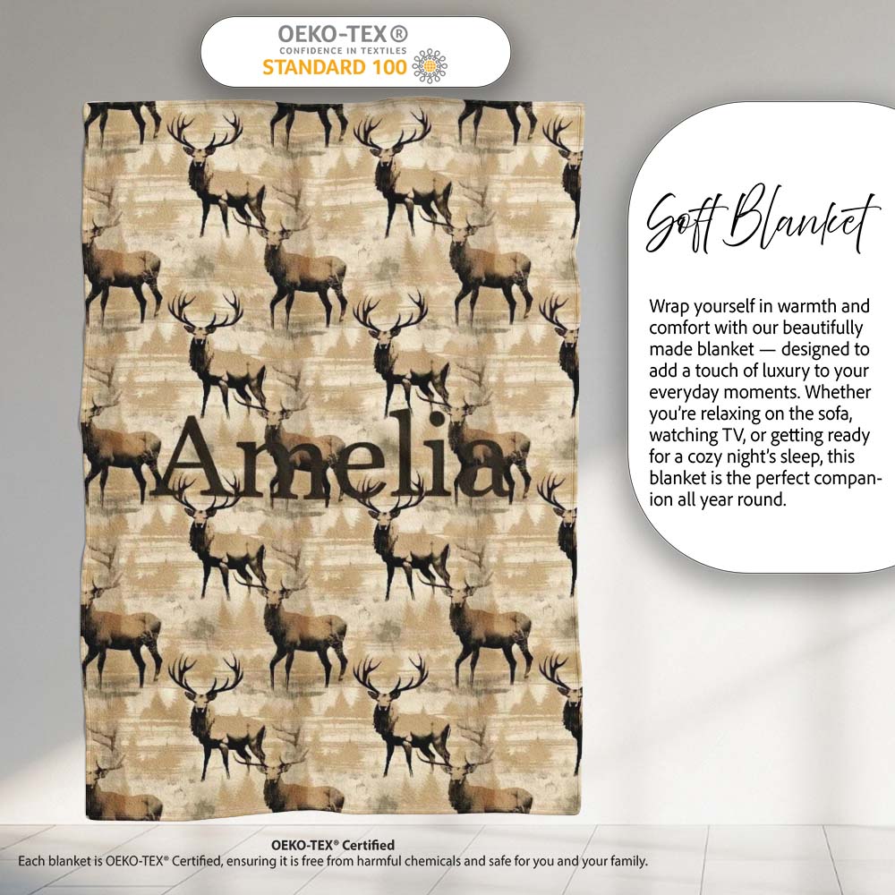 Classic Stag Deer Silhouettes on Beige Background Seamless Pattern Personalised Custom Name Super Soft Fleece Blanket Bed Sofa Throw