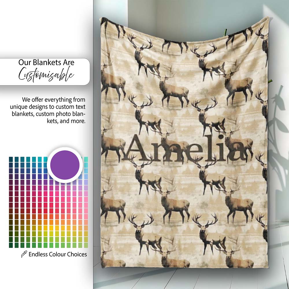 Classic Stag Deer Silhouettes on Beige Background Seamless Pattern Personalised Custom Name Super Soft Fleece Blanket Bed Sofa Throw