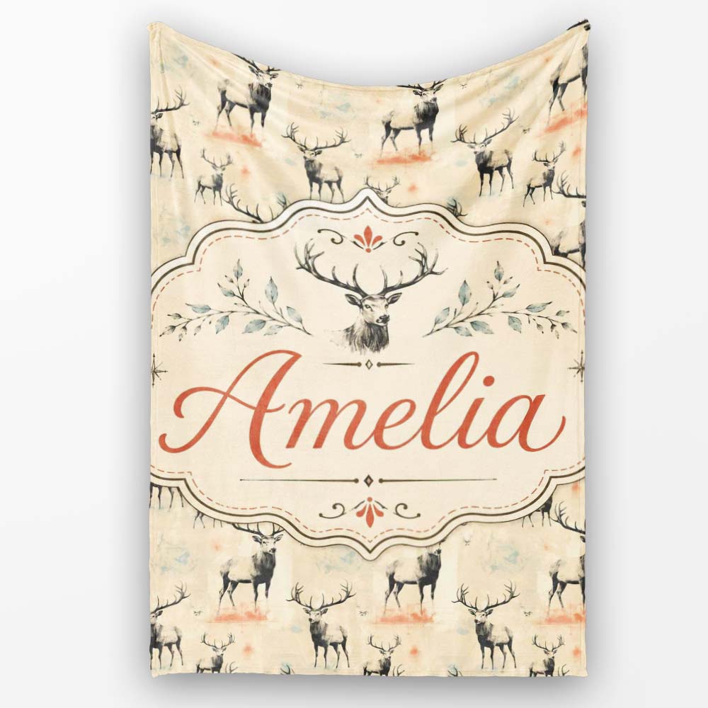 Artistic Deer Illustration with Abstract Background Seamless Personalised Custom Name Super Soft Fleece Blanket Bed Sofa Throw