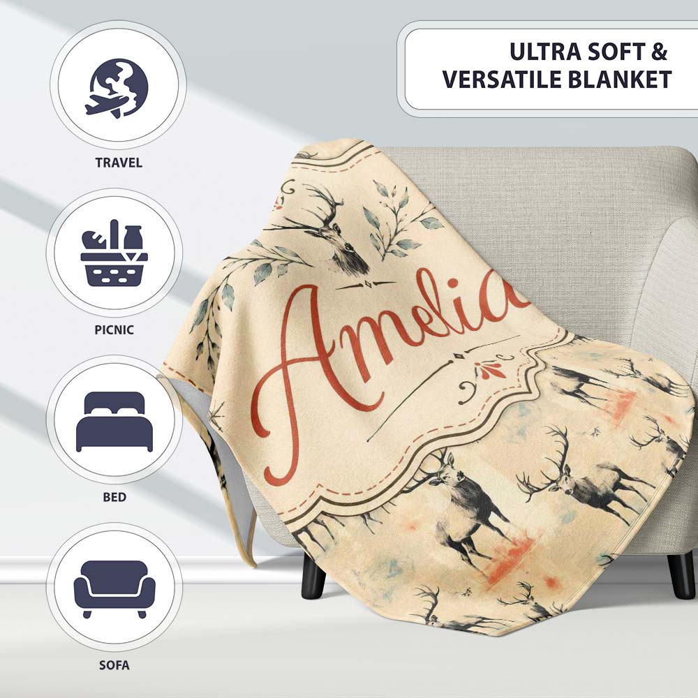 Artistic Deer Illustration with Abstract Background Seamless Personalised Custom Name Super Soft Fleece Blanket Bed Sofa Throw
