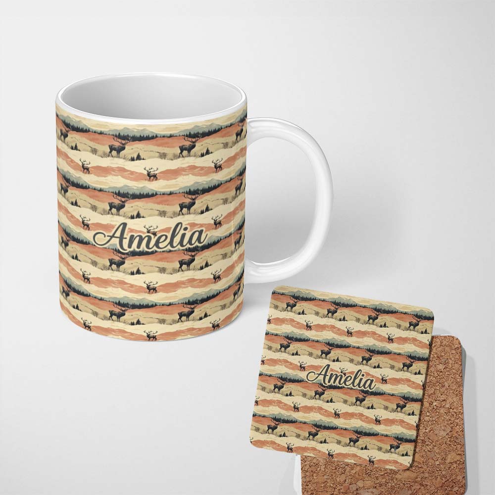 Personalized Custom Name Majestic Deer in Mountain Landscape Sunset Seamless Pattern Name 11oz Ceramic Coffee Tea Mug White Large Handle
