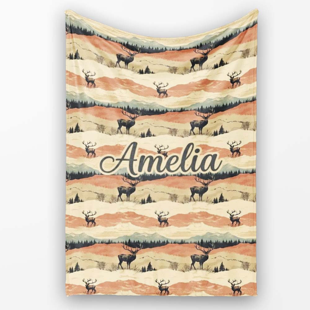 Majestic Deer in Mountain Landscape Sunset Seamless Pattern Name Personalised Custom Name Super Soft Fleece Blanket Bed Sofa Throw