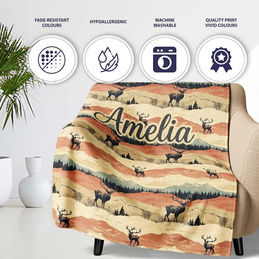 Majestic Deer in Mountain Landscape Sunset Seamless Pattern Name Personalised Custom Name Super Soft Fleece Blanket Bed Sofa Throw