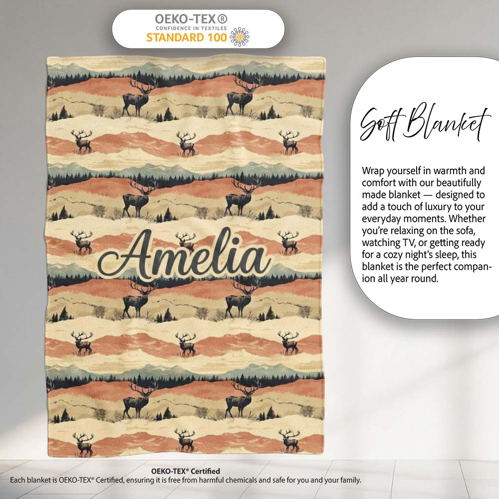 Majestic Deer in Mountain Landscape Sunset Seamless Pattern Name Personalised Custom Name Super Soft Fleece Blanket Bed Sofa Throw