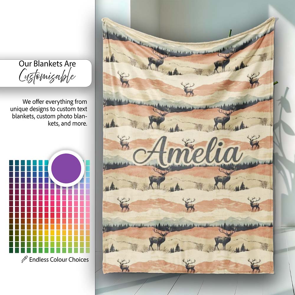 Majestic Deer in Mountain Landscape Sunset Seamless Pattern Name Personalised Custom Name Super Soft Fleece Blanket Bed Sofa Throw