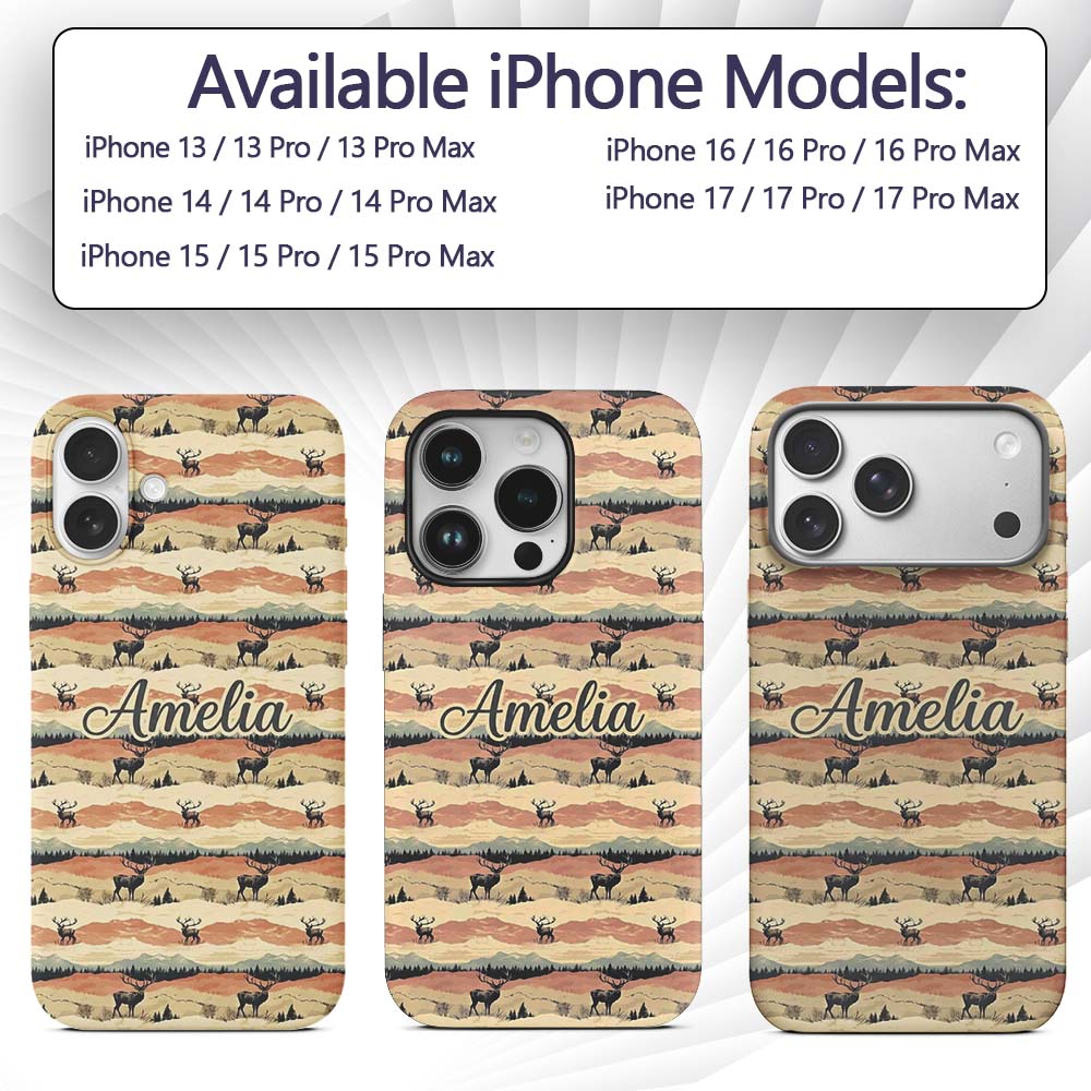 Majestic Deer in Mountain Landscape Sunset Printed Design Custom Name Protective Phone Case Mobile Cover Durable Smartphone Shock Resistant