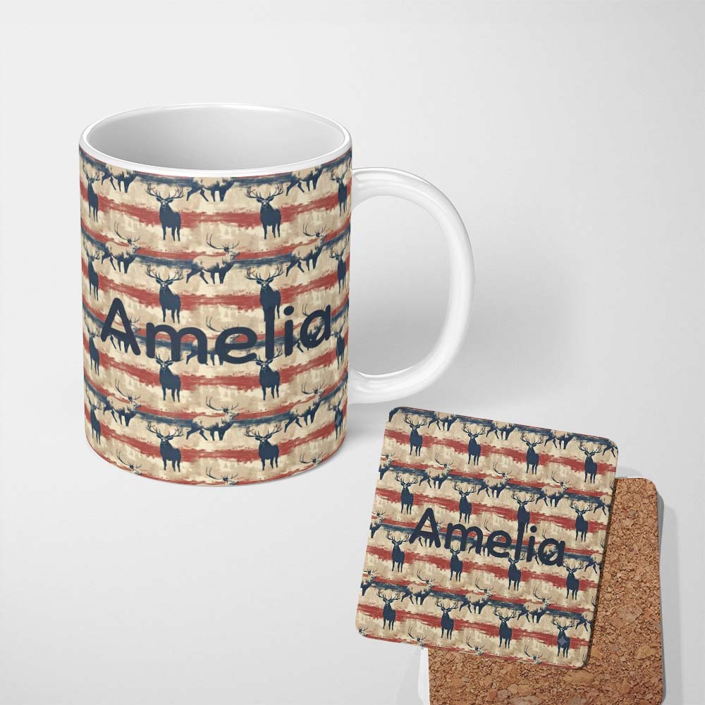 Personalized Custom Name Rustic Deer Silhouettes with Vintage Stripe Background Seamless 11oz Ceramic Coffee Tea Mug White Large Handle